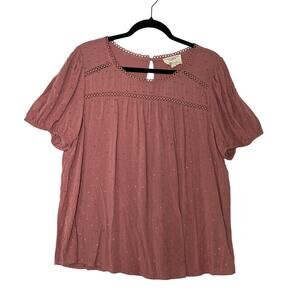 FLOWER & FEATHER Peasant Blouse Womens 1XL Dusty Rose Swiss Dot Eyelet Trim Boho